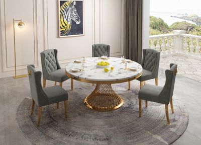 Arin matbord i champagne-guld med 6 st Leon stolar i grå sammet