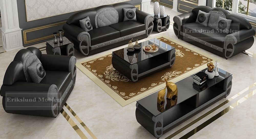 Produktbild för Milano soffgrupp i svart skinn/grå tyg 