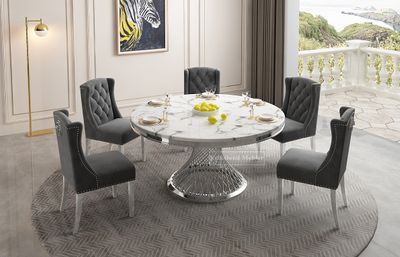 Arin matbord i silver färg med 6 st Leon stolar i mörk-grå  sammet