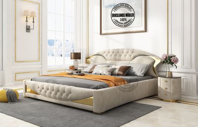 Produktbild för Mona sängram i beige sammet med guld ben 