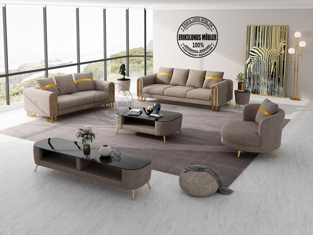 Produktbild f&ouml;r Palas soffgrupp 3+2+1 gr&aring;beige sammet guld ben 