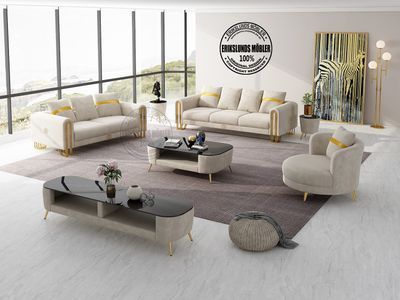 Produktbild för Palas soffgrupp 3+2+1 beige sammet guld ben