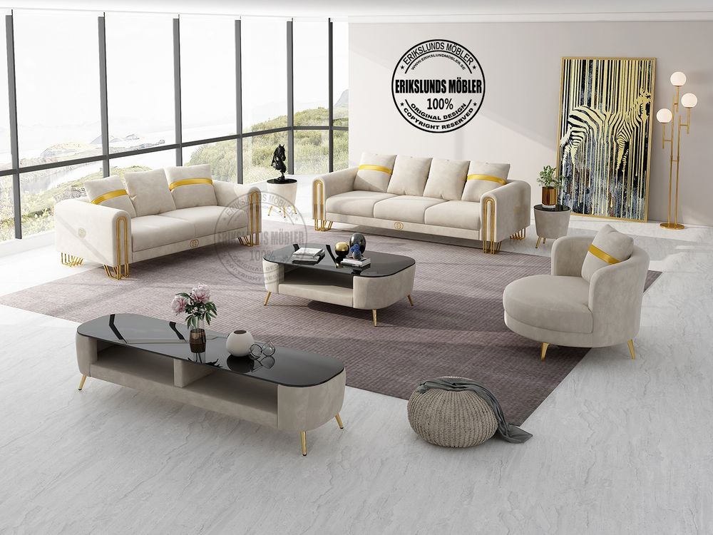 Produktbild för Palas soffgrupp 3+2+1 beige sammet guld ben 