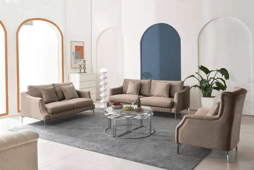 Produktbild för Sandra soffgrupp 3+2+1 gråbeige sammet silver ben 