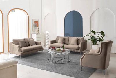 Produktbild för Sandra soffgrupp 3+2+1 gråbeige sammet silver ben 