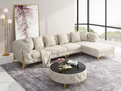 Produktbild för Tina divansoffa med höger divan i beige sammet med guld ben
