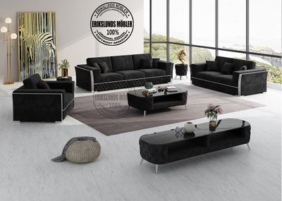 Produktbild för Rose soffgrupp svart sammet silver ben 3+2+1