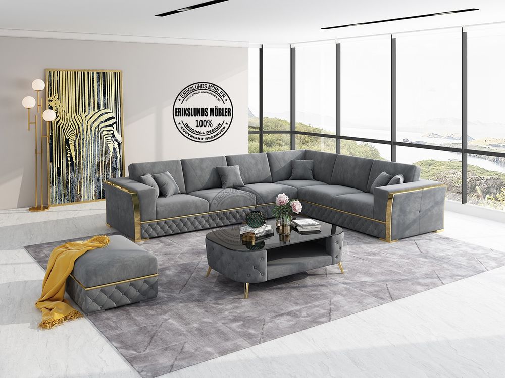 Rose h&ouml;rnsoffa m&ouml;rkgr&aring; sammet guld ben