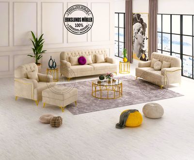 Produktbild för Luxe Soffgrupp 3+2+1 mörkbeige / guld