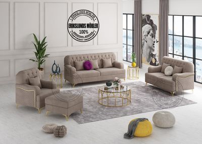 Produktbild för Luxe soffgrupp 3+2+1 gråbeige sammet med guld ben 