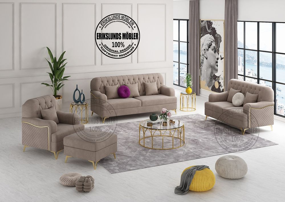 Produktbild f&ouml;r Luxe Soffgrupp 3+2+1 gr&aring;beige guld