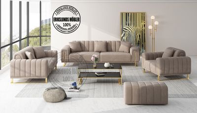 Produktbild för Dream soffgrupp 3+2+1 i gråbeige med guld ben