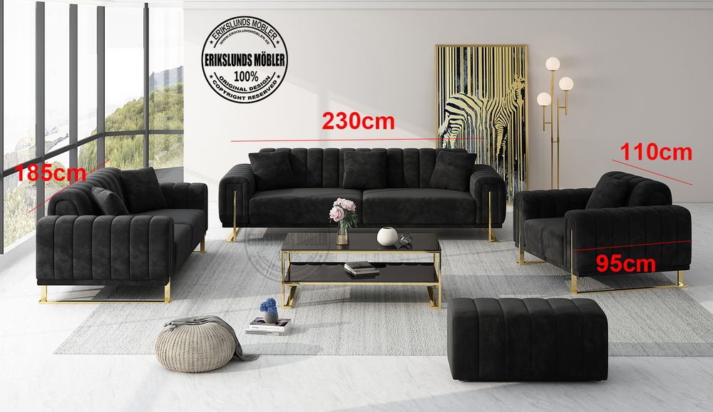 Produktbild för Dream soffgrupp 3+2+1 i beige sammet med guld ben