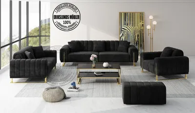 Produktbild för Dream soffgrupp 3+2+1 i svart sammet med guld ben