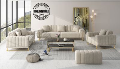 Produktbild för Dream soffgrupp 3+2+1 i beige sammet med guld ben