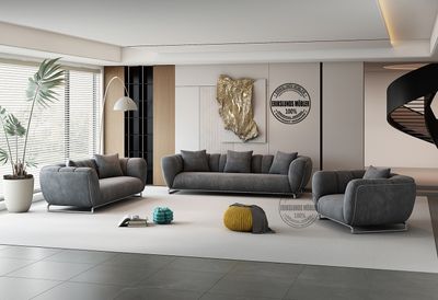 Produktbild för Hills soffgrupp 3+2+1 mörkgrå sammet med silver ben