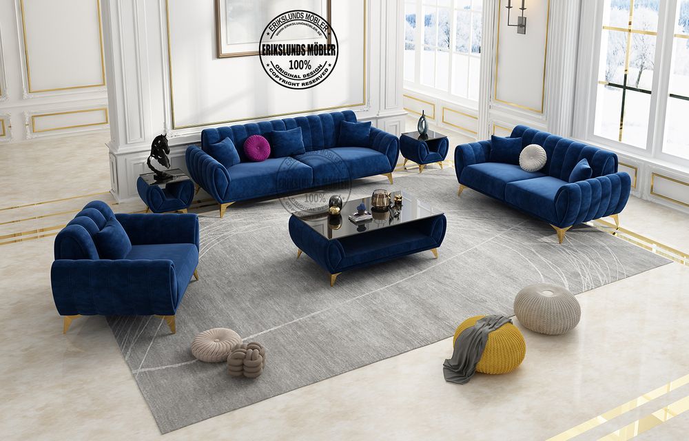 Produktbild för Karin soffgrupp 3+2+1 mörkblå sammet guld ben 
