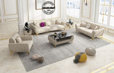 Produktbild för Karin soffgrupp 3+2+1 beige sammet guld ben