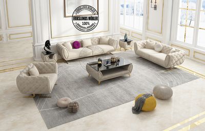 Produktbild för Maldive Soffgrupp 3+2+1 beige sammet guld ben