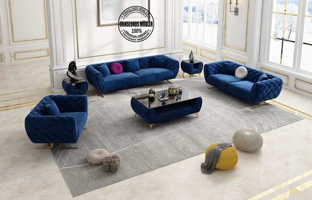 Produktbild f&ouml;r Maldive Soffgrupp i m&ouml;rkbl&aring; sammet med guld ben