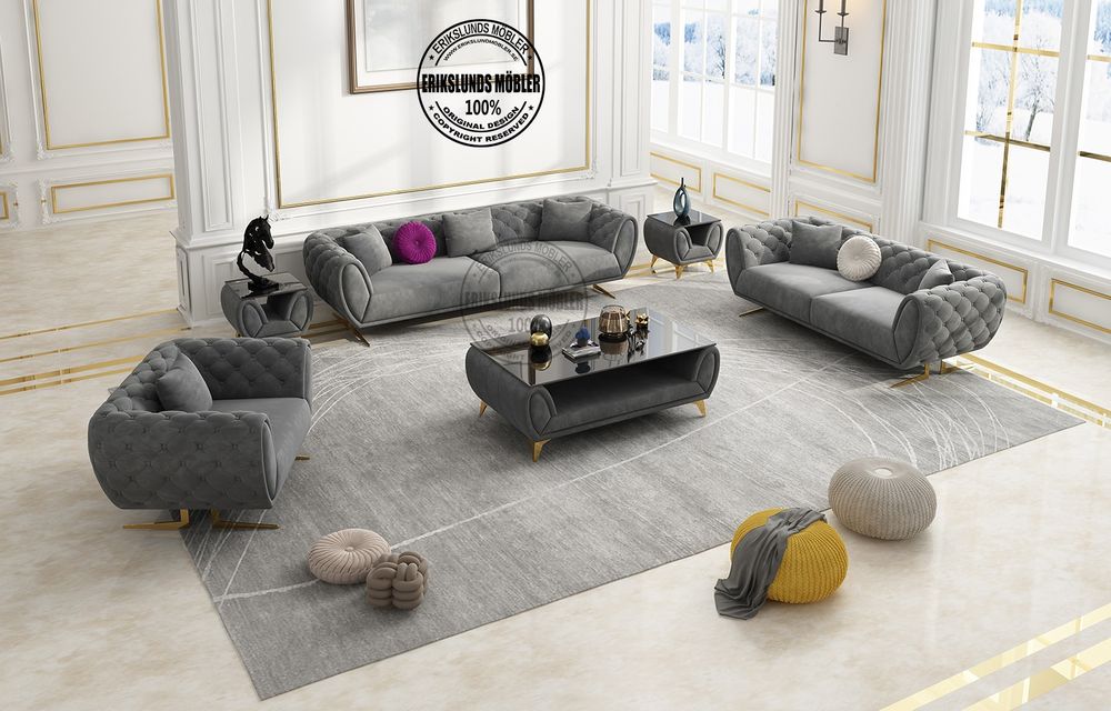 Maldive soffgrupp 3+2+1 m&ouml;rkgr&aring; sammet guld ben