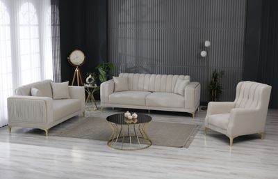 Produktbild f&ouml;r Verona soffgrupp i beige sammet med guld ben