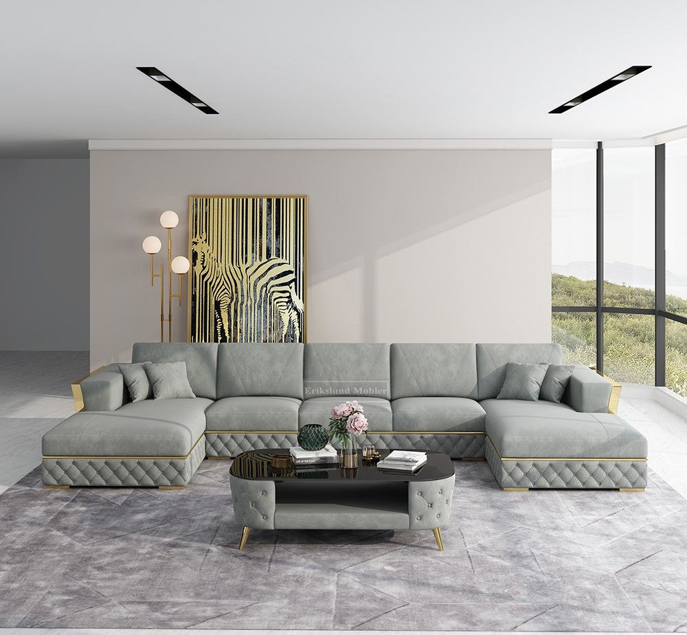 Rose XXL divan-soffa i grå sammet med guld ben 