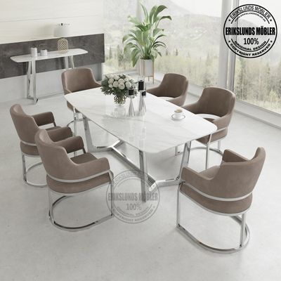 Produktbild för Paris matbord silver med 6 st grå-beige sammet stolar 