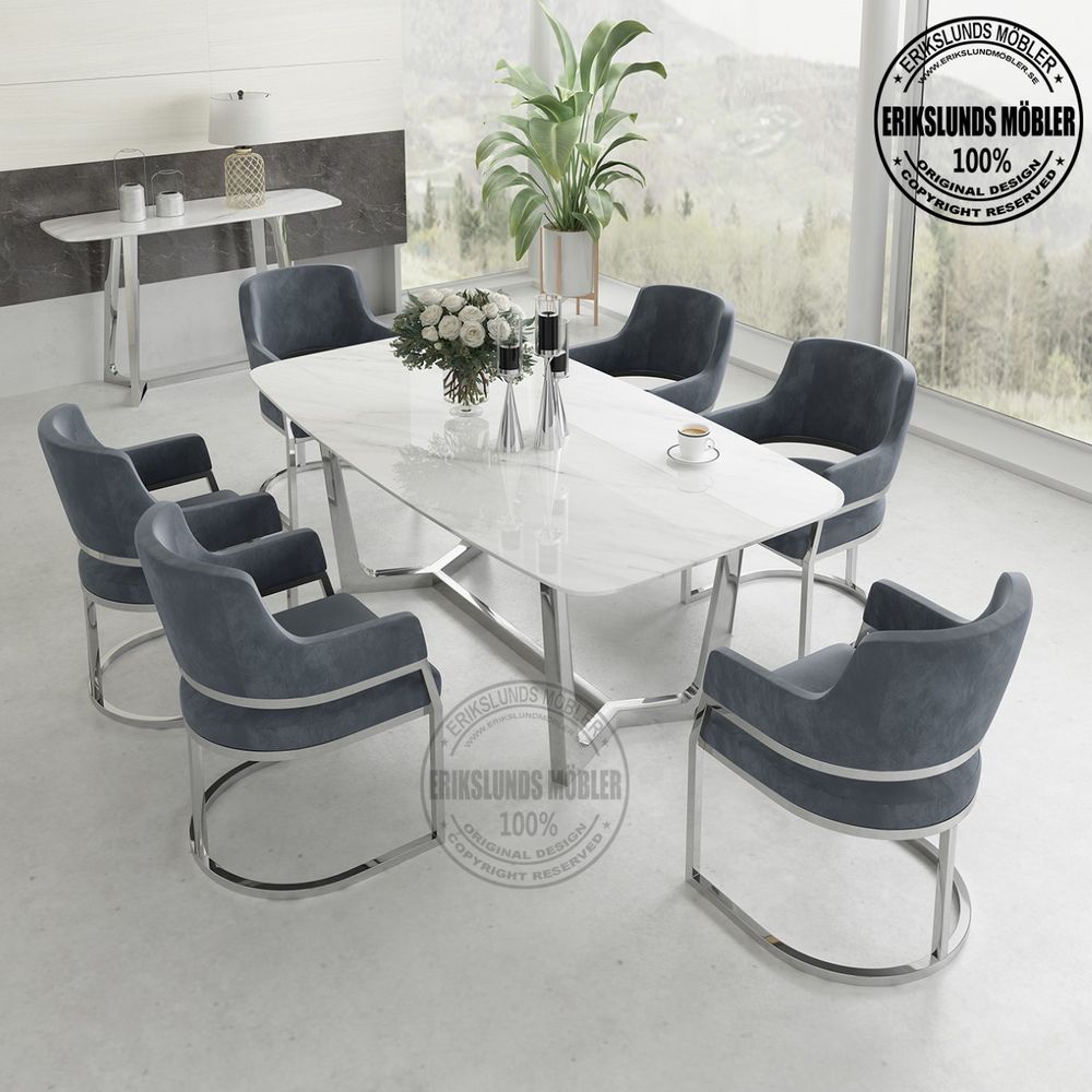 Paris matbord silver med 6 st mörk-grå sammet stolar 