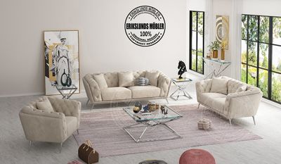 Produktbild för Sicillia soffgrupp i beige sammet med silver ben