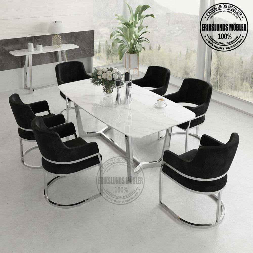 Paris matbord silver med 6 st svart sammet stolar 