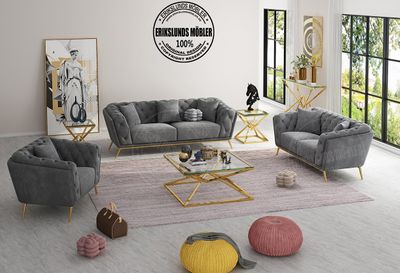 Produktbild f&ouml;r Sicillia soffgrupp i m&ouml;rkgr&aring; sammet med guld ben