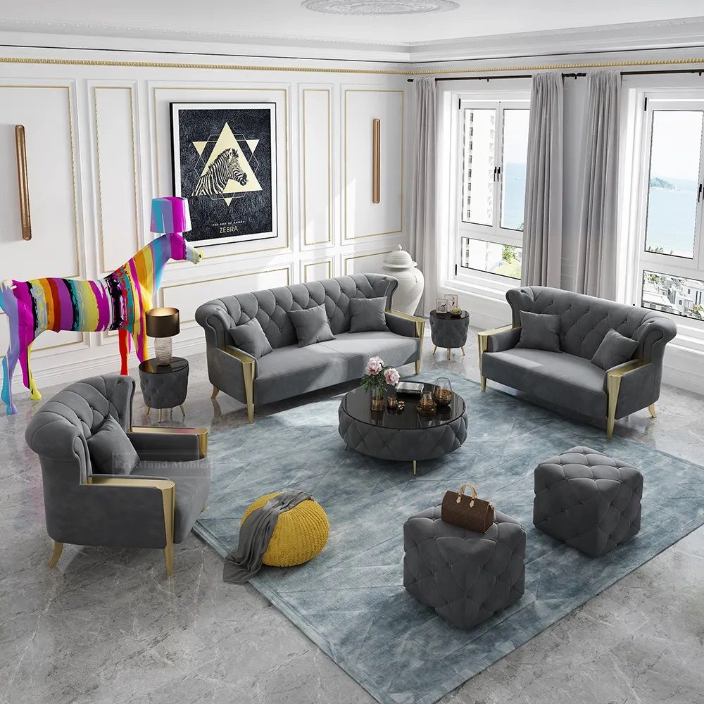 Produktbild f&ouml;r Palm soffgrupp 3+2+1 m&ouml;rkgr&aring; sammet guld ben 