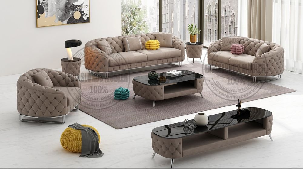 Produktbild f&ouml;r Dubai soffgrupp 3+2+1 gr&aring;-beige sammet silver ben 