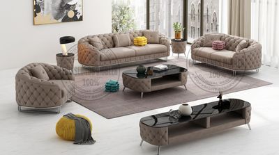 Produktbild för Dubai soffgrupp 3+2+1 grå-beige sammet silver ben 