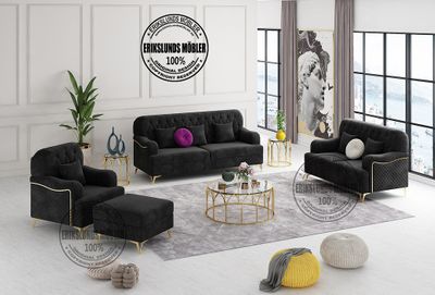 Produktbild för Luxe soffgrupp 3+2+1 svart sammet med guld ben 