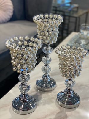 Produktbild för Ljusstake pärla silver 3 pack