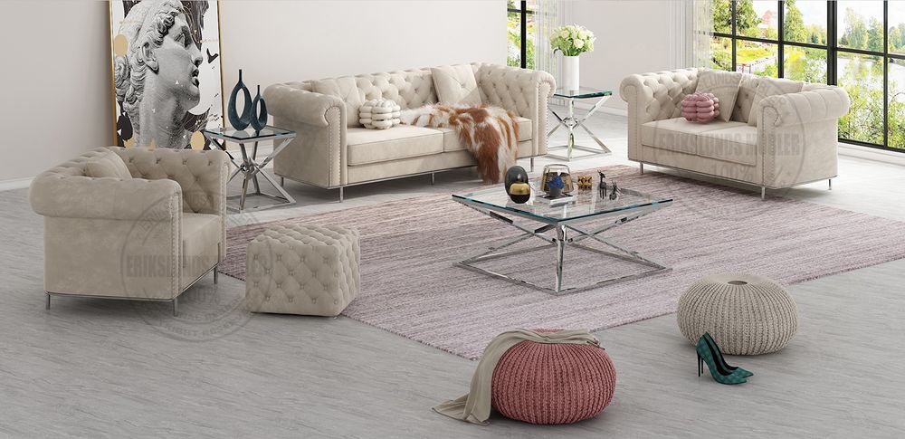 Produktbild f&ouml;r Malvin soffgrupp i beige sammet med silver ben 