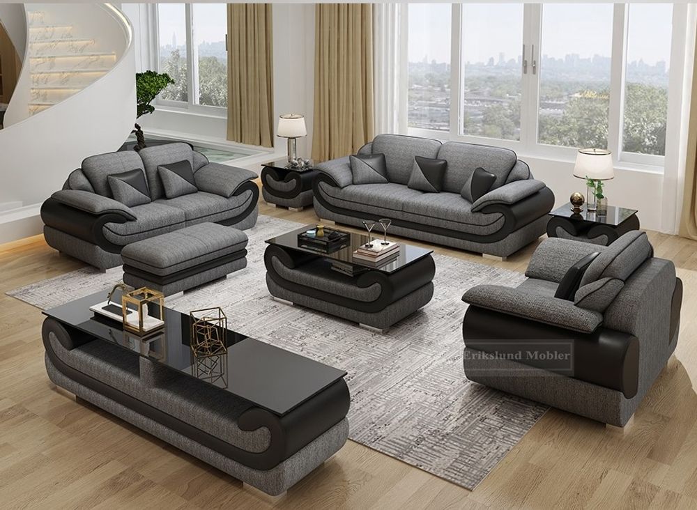 Produktbild f&ouml;r Florida soffgrupp i gr&aring; tyg/svart skinn