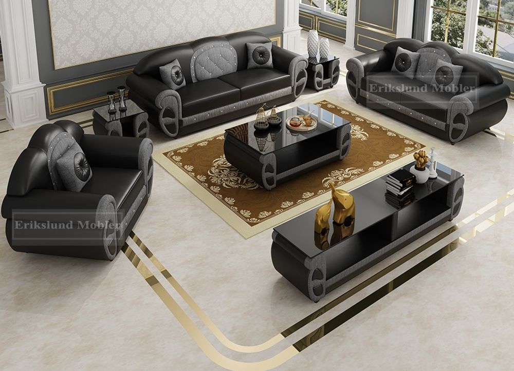 Produktbild för Milano soffgrupp i svart skinn/grå tyg 