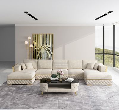 Produktbild för Rose XXL divan-soffa i beige sammet med guld ben 