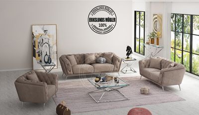 Produktbild för Sicillia soffgrupp i grå-beige sammet med silver ben