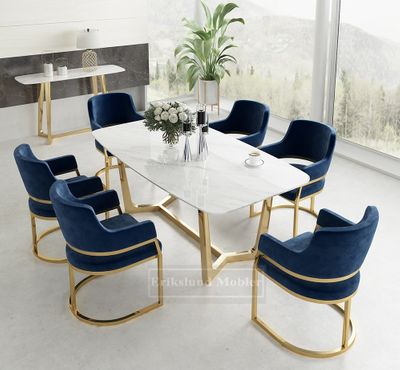 Paris matbord med 6 blåa stolar Champagne