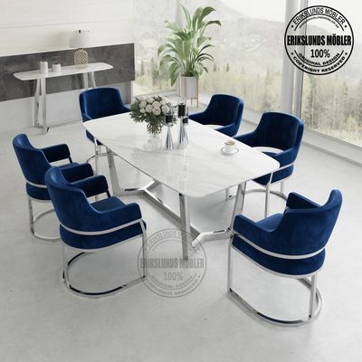 Paris matbord silver med 6 st mörk-blå sammet stolar 