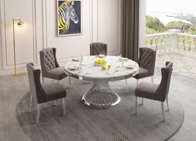 Arin matbord i silver färg med 6 st Leon stolar i bleklila sammet