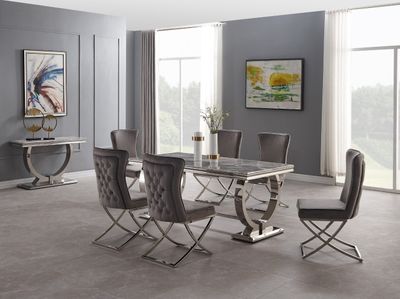 Petra matbord silver med 6 st stolar i mörkgrå sammet 