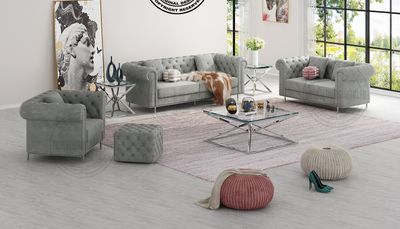 Produktbild för Malvin soffgrupp i grå sammet med silver ben 