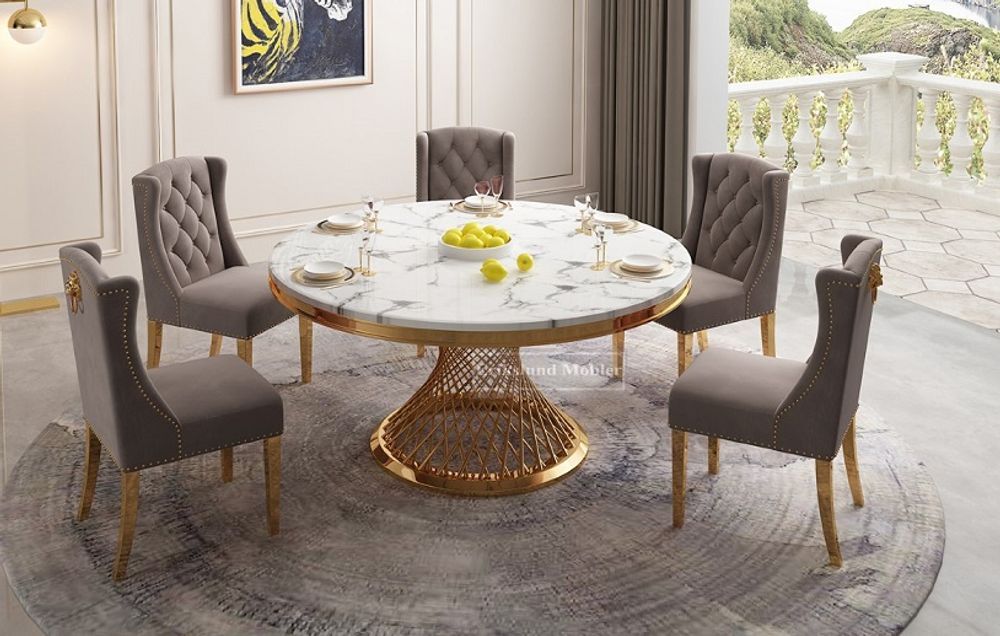 Arin matbord i guld färg med 6 st Leon stolar i grå-beige sammet