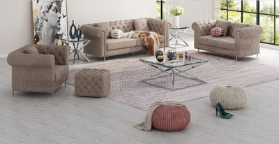 Produktbild för Malvin soffgrupp i grå-beige sammet med silver ben 