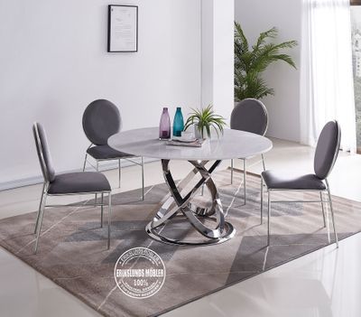 Lucia matbord silver med vit marmorskiva+ 6 st Lucia stolar i mörkgrå sammet  